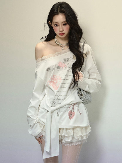 White Asymmetrical Neckline Printed Top with Tie Detail