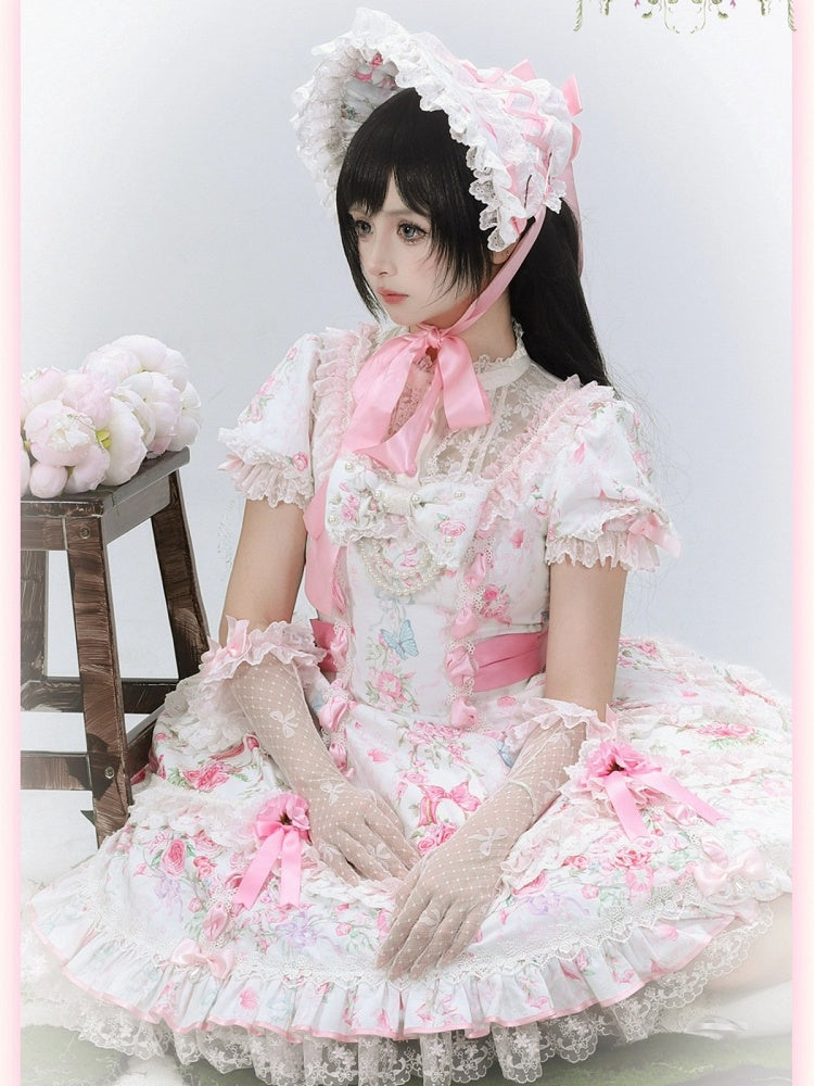 Pink-White Lolita Bonnet with Elegant Bow - Cat Magician