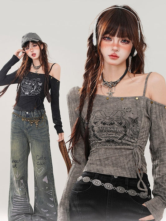 Schwarz/graues Grafik-Top mit Kordelzug in der Taille und asymmetrischem Ausschnitt