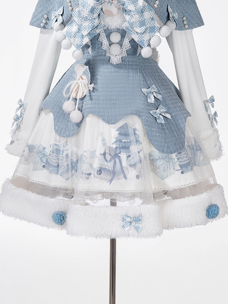 Print Winter Sweet Top Blue Lolita White Cape Snowman Set Knitted + - Tweed JSK
