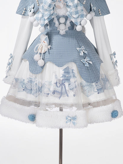 Print Winter Sweet Top Blue Lolita White Cape Snowman Set Knitted + - Tweed JSK