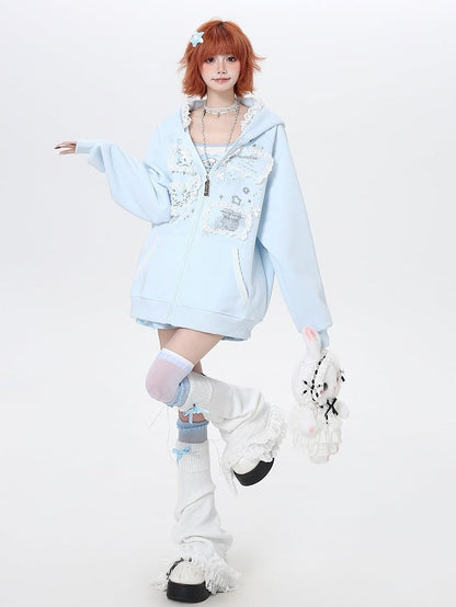 Blue Lace Trim Hoodie with Print - CRAZY GIRL