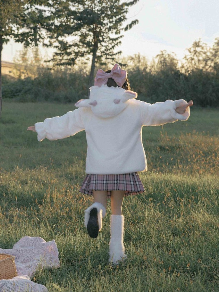 白いキュートなラムの耳付きフード付き冬用着心地の良いプラッシュコート