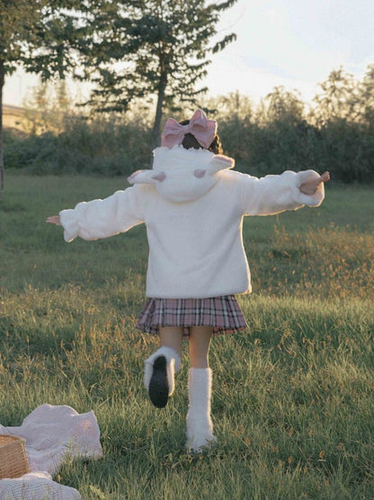 白いキュートなラムの耳付きフード付き冬用着心地の良いプラッシュコート