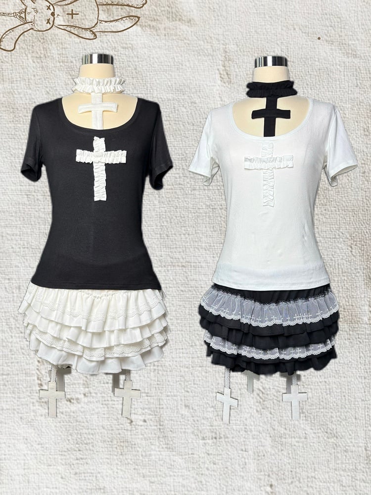 Trim Black/White Gothic Mini Tiered Lace Skort with