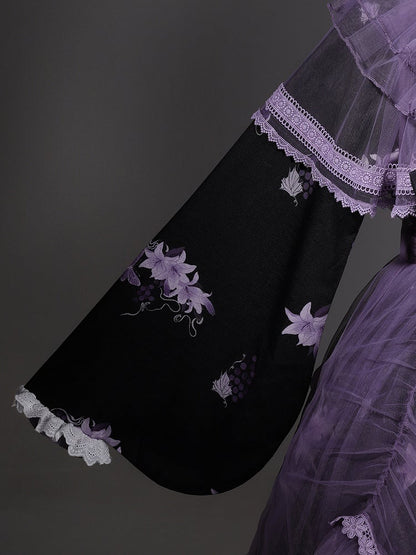 Floral Crossover Dress Neck Black Overdress Purple + Lolita Skirt Han Print Tulle