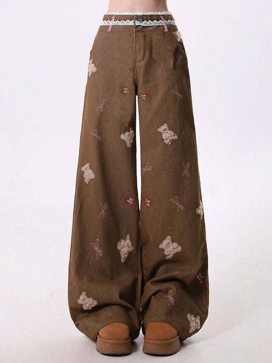Millard Fashion Brown Wide-Leg Jeans with Playful Bear Embroidery & Lace-Trimmed Waistband