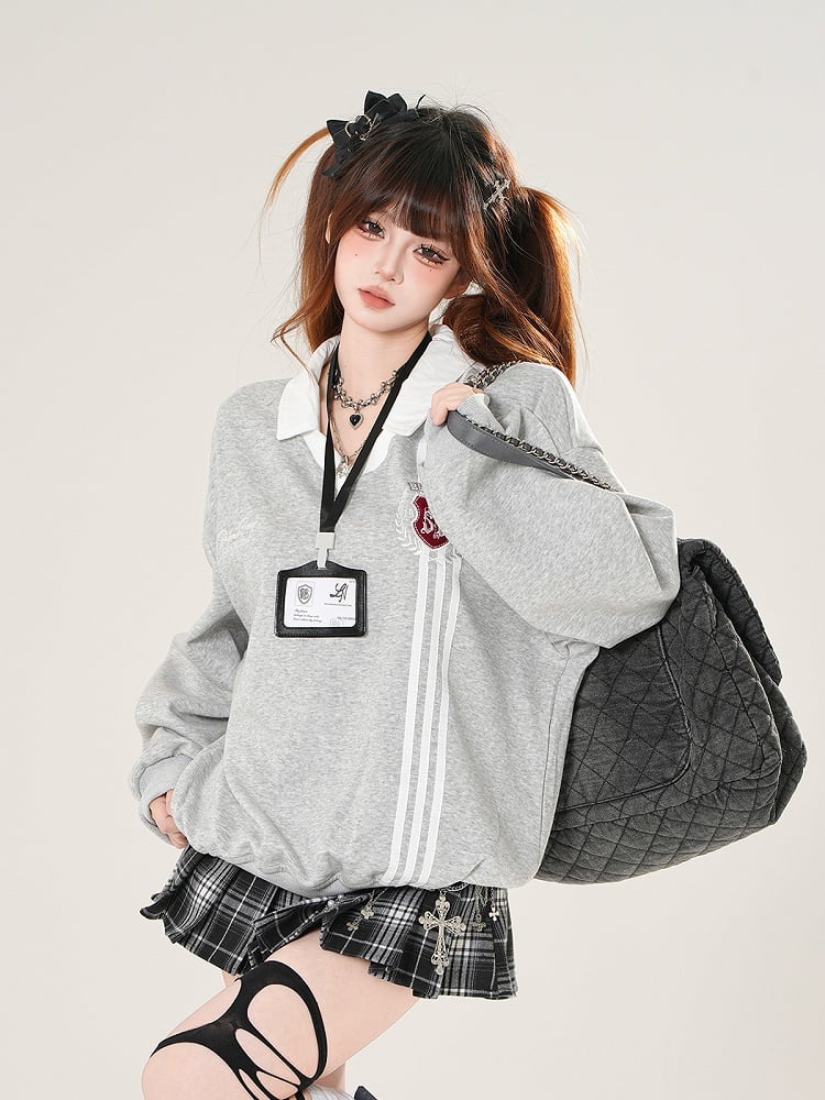 Gray/Navy Classic Polo Collegiate with Crest Sweatshirt Embroidered Blue