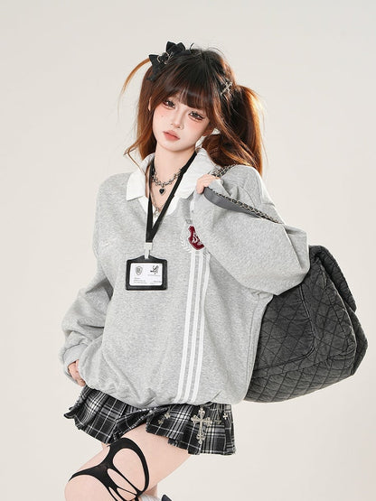 Gray/Navy Classic Polo Collegiate with Crest Sweatshirt Embroidered Blue