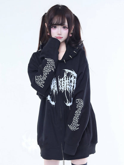 Hoodie Kei Rivet-Decorated Zip Black Jirai White Printed
