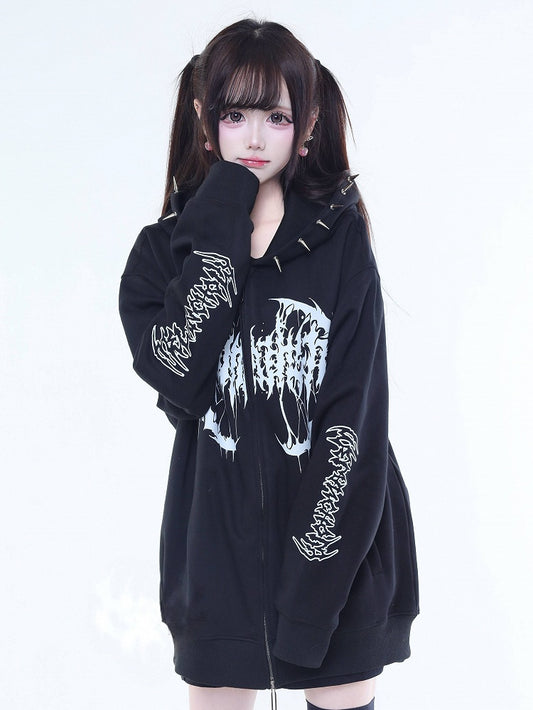 Hoodie Kei Rivet-Decorated Zip Black Jirai White Printed