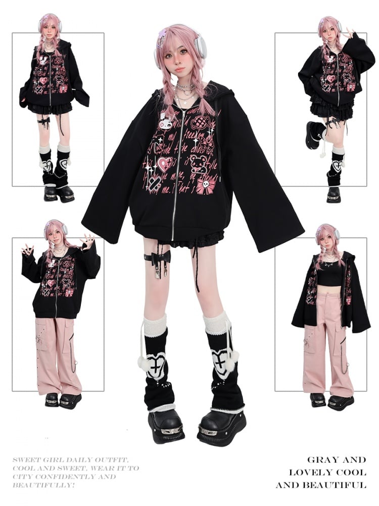 Y2K Graffiti Schwarzer Kapuzenpullover mit Glockenärmeln und lockerem Reißverschluss