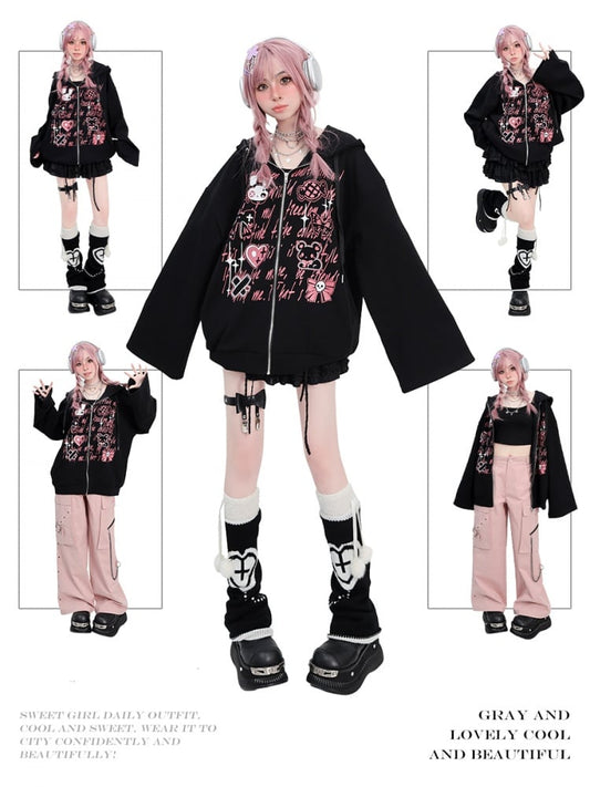 Y2K グラフィティ ブラック ベルスリーブ ルーズジップ パーカー