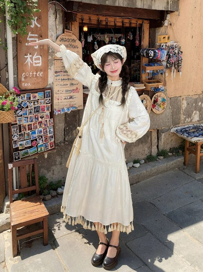 Beige Tassel Hem Dress Long/Regular Version