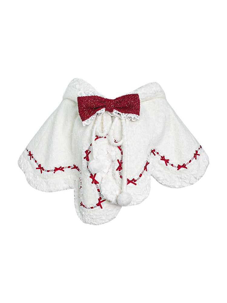 Winter Christmas Bunny-Eared Hooded Red Bow Accents Cape White Cozy with