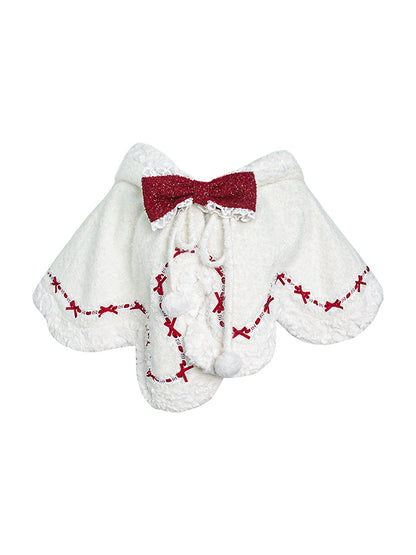 Winter Christmas Bunny-Eared Hooded Red Bow Accents Cape White Cozy with