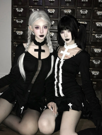 Top Gothic All with White Cutout Black/Black Sleeves Design Long