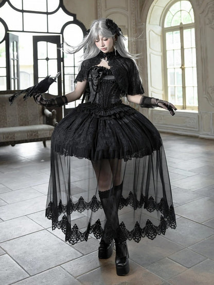 Black Elegant Classic Loli Dress Set with Cape and Brooch - Airfreeing