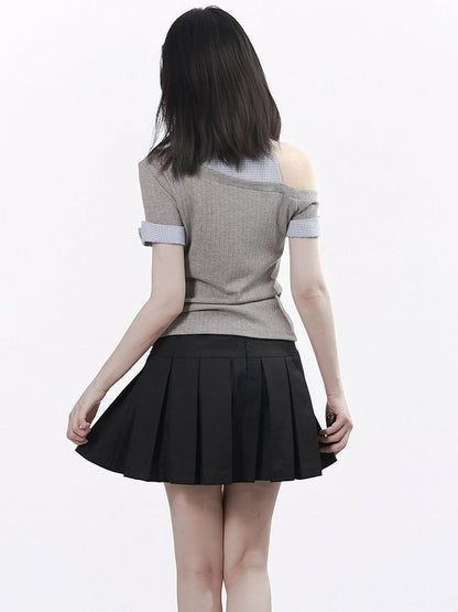 Preppy Gray & Blue Asymmetrical Shirt Collar Top with Tie - PINK SAVIOR