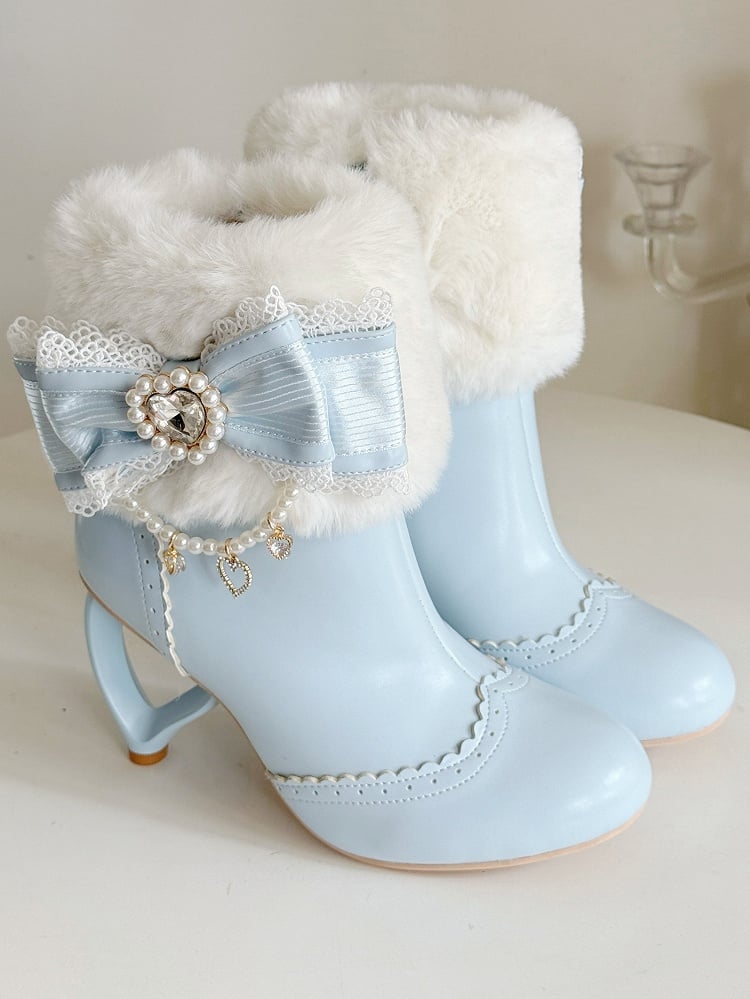 Süße Lederstiefel mit Absatz in Blau mit Schleife aus PU-Strass - ein Herz mit Perlen