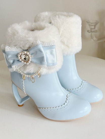 Süße Lederstiefel mit Absatz in Blau mit Schleife aus PU-Strass - ein Herz mit Perlen