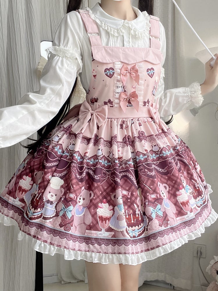and Sweet Bear Lolita Print + Dress Big Bow Cake Overall Pink Train