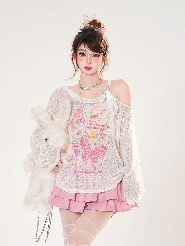 Asymmetrical Neckline Butterfly Print Apricot/Green