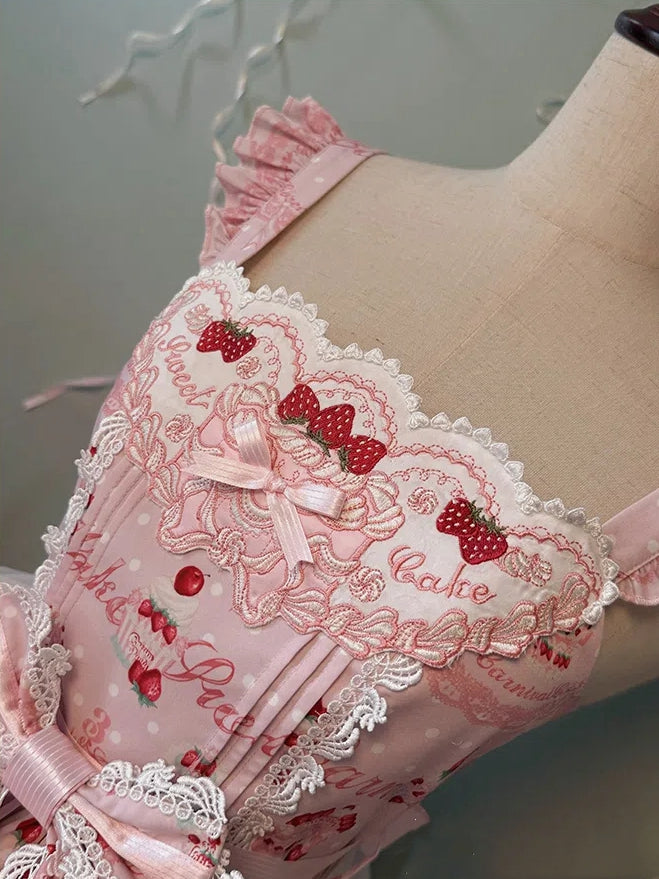 Süßer Kuchenpullover mit Erdbeerdruck und Kleidrock, Lolita, Pink, süß