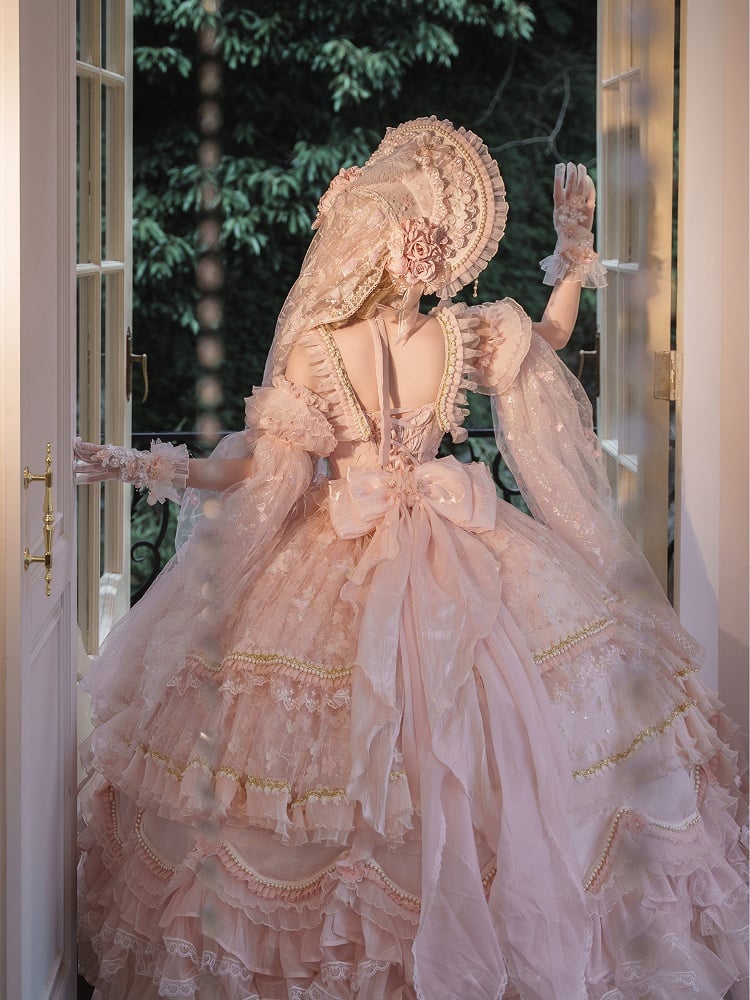 Rosa und geblümtes Hanayome Lolita mit Perlendetails im Haubendesign
