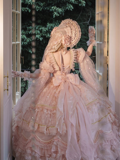 Veil Design Bonnet Sequined Lolita Floral Pink and Hanayome Bead Details with