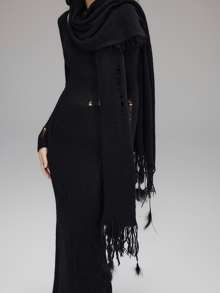 Black Long Distressed Scarf with Fringe - Low pixel