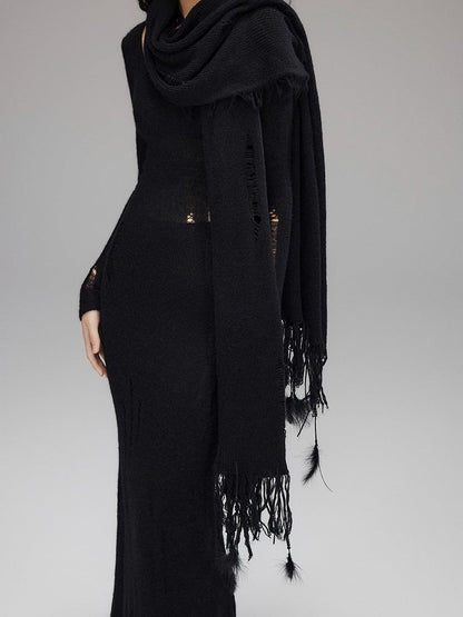 Black Long Distressed Scarf with Fringe - Low pixel