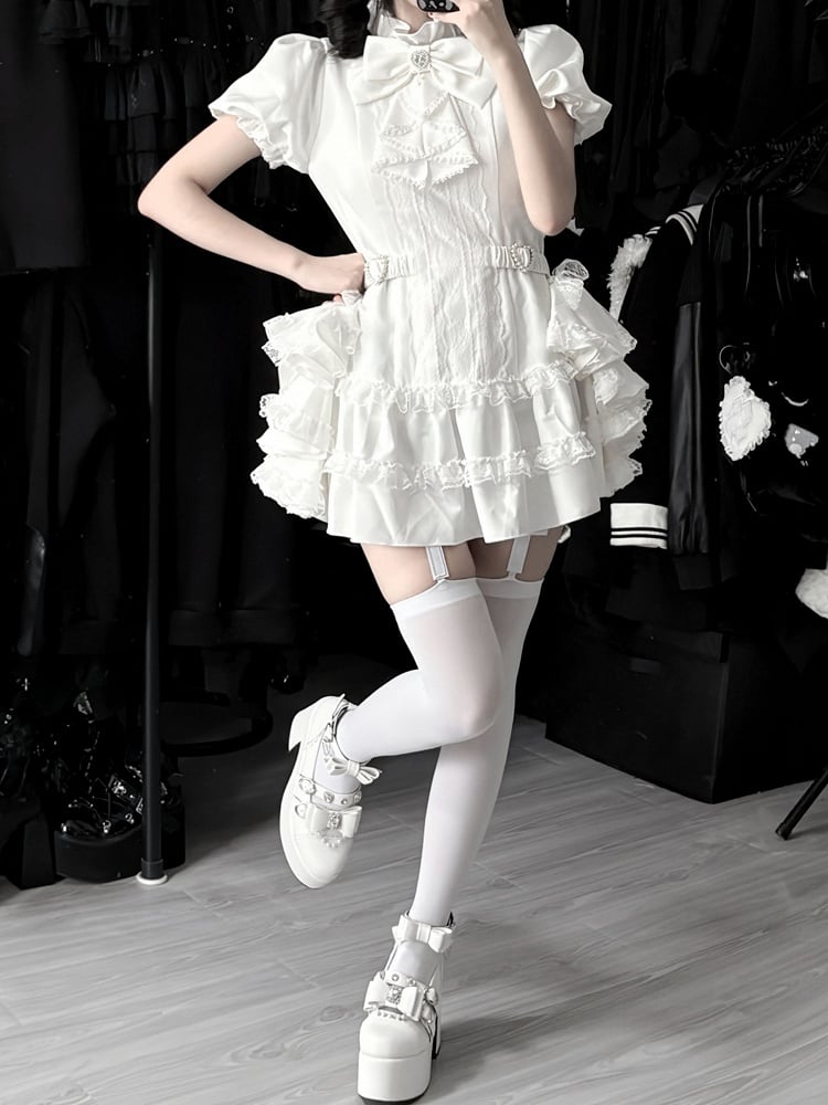 Bow and White Kei Flowing Dress Side Sleeves Tie Train，Shorts Set: with Puffy Gothic Jirai