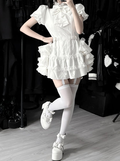 Bow and White Kei Flowing Dress Side Sleeves Tie Train，Shorts Set: with Puffy Gothic Jirai