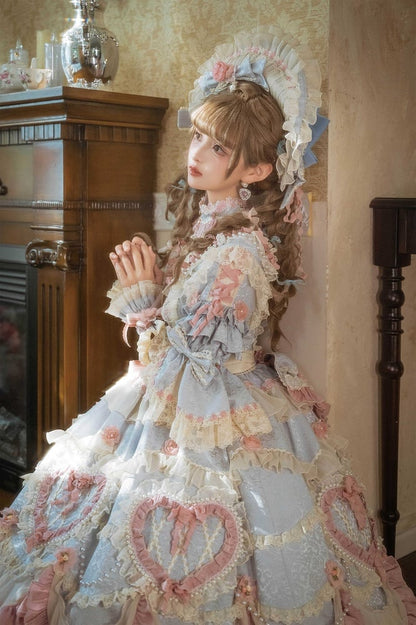 Wunderschönes Hanayome Lolita-Kleid mit Rosettenstickerei und Perlenkettendetails, Hellgrau
