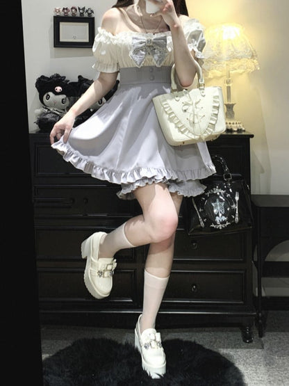 オフショルダーネックラインミニドレス＆ショーツセット ジライケイ ブラック/ピンク/ブルー