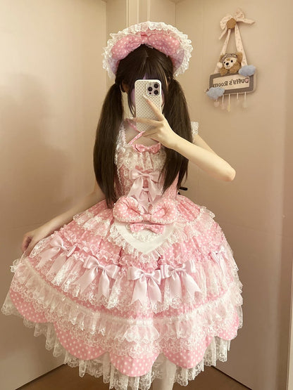 Punkte Kleid Lolita Schule Polka Rosa Rock Schleife Akzente Altes Pullover Muster Süß