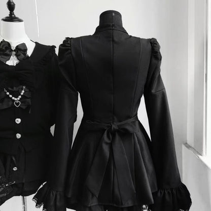 Back view of black gothic Lolita lace mini dress with waist tie