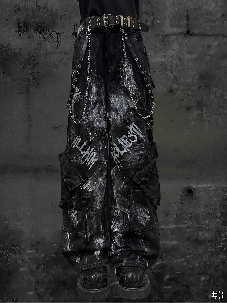 with Cargo Faded Wasteland Wash Paint-Splatter Black Jeans and Wide-Leg Punk Print