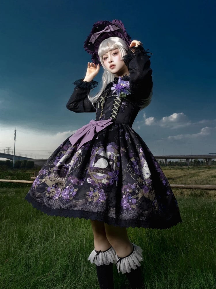 Print Jumper Purple Lolita and Black Jacquard Floral Bunny Dress Skirt