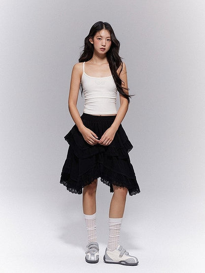 Hem Gothic Skirt Lace-Trimmed Asymmetric with Tiered Black A-line