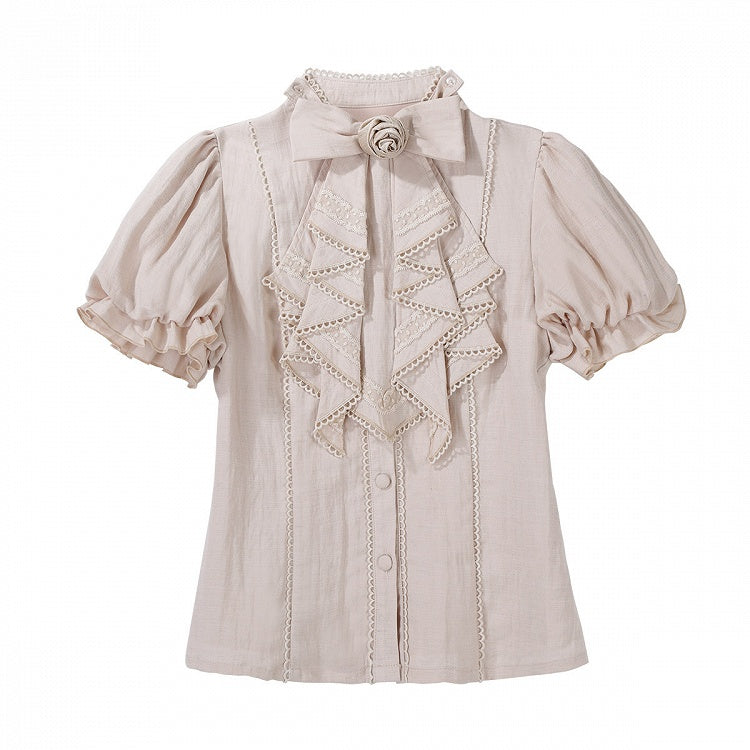 Puff Sleeve Sweet Blouse with Rose Bow Tie in Beige - Unknown Star