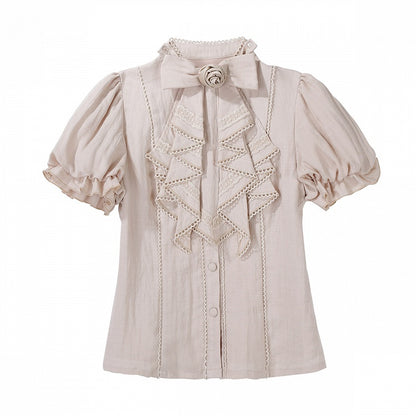 Puff Sleeve Sweet Blouse with Rose Bow Tie in Beige - Unknown Star