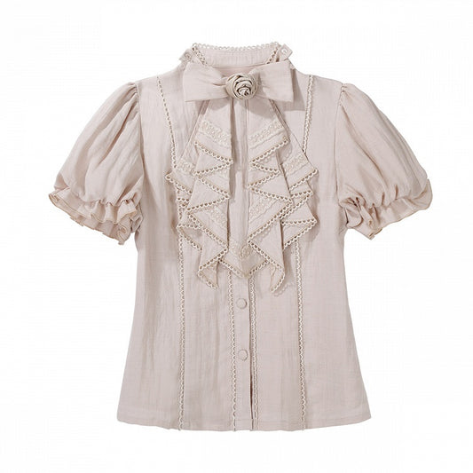 Puff Sleeve Sweet Blouse with Rose Bow Tie in Beige - Unknown Star