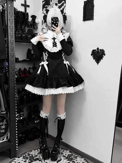 Lolita Bow and Juliette with Sleeves Gothic Lacing Dress Accents Black