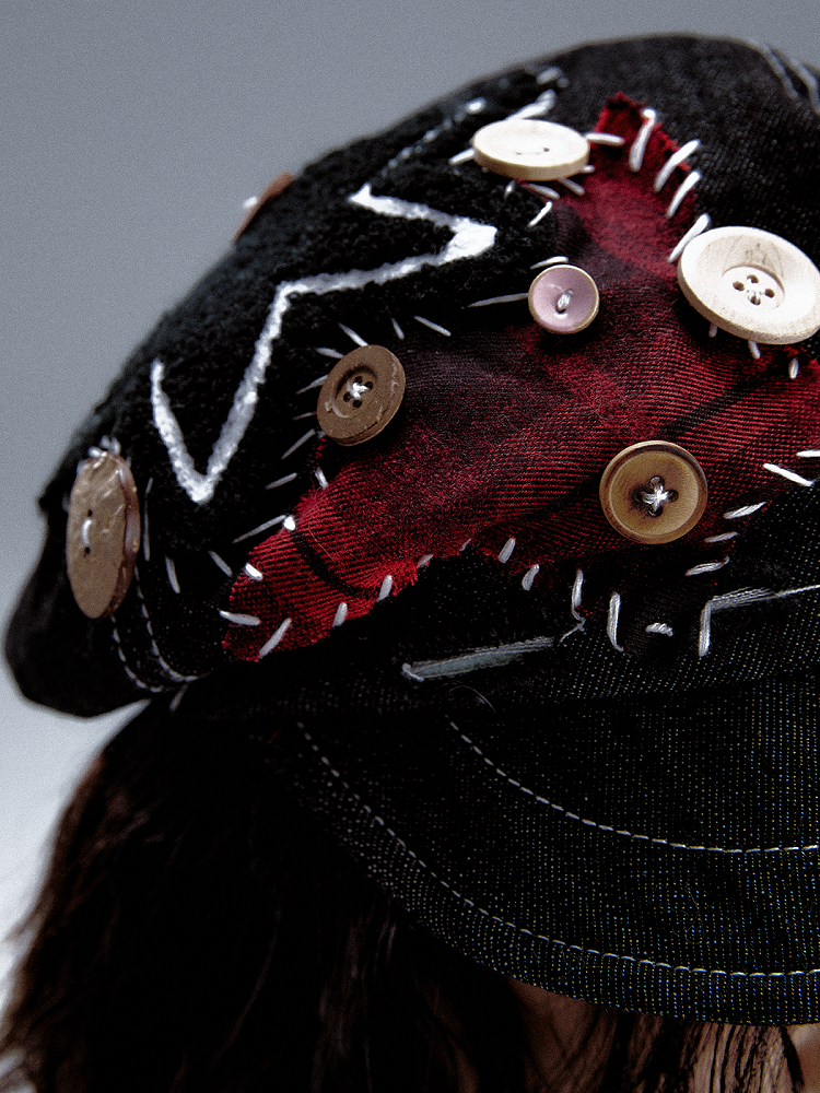 Black Beret Bold Unique Handcrafted Detailing with Star Button Denim Appliques