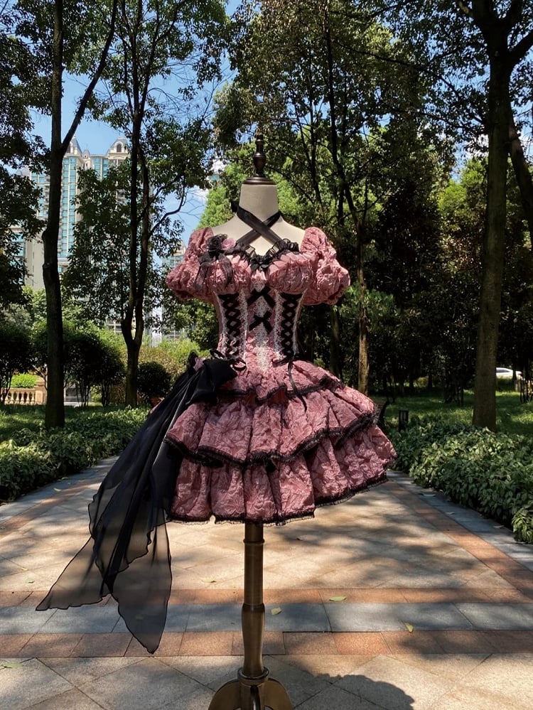and Pink Floral Skirt with Dark Black Lolita Multi-Layered Dress OP Texture