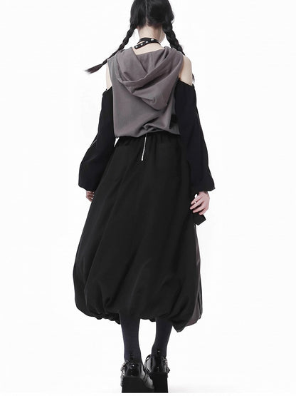 Print Colorblock Design Drawstring Gray Hem Hoodie and Cutout Shoulder Star Black