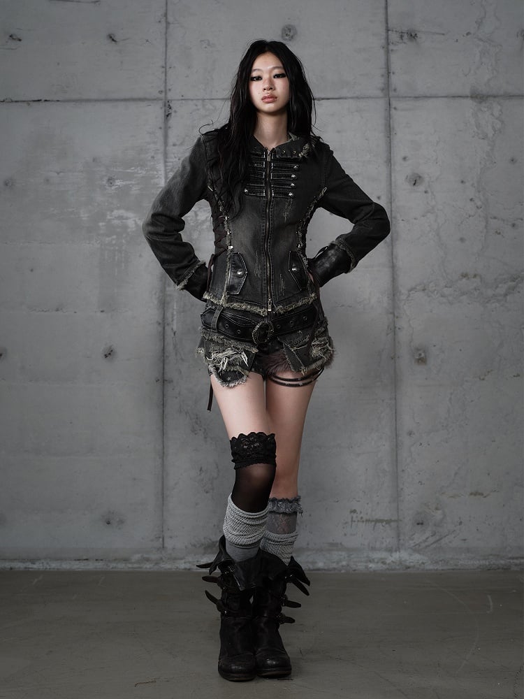 Hooded Detachable Gray Dark Hem Finish with Denim Distressed Jacket Corduroy