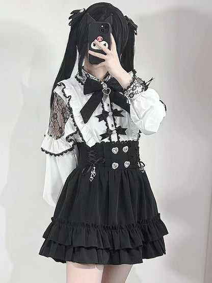 Skirt Decorated Jirai Heart Rhinestone Tiered Lace-up Kei Details Black